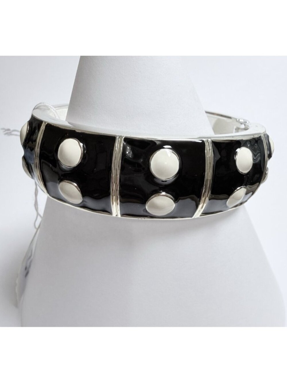 Premier Designs Black & White Dot Enamel Hinged Bangle Bracelet